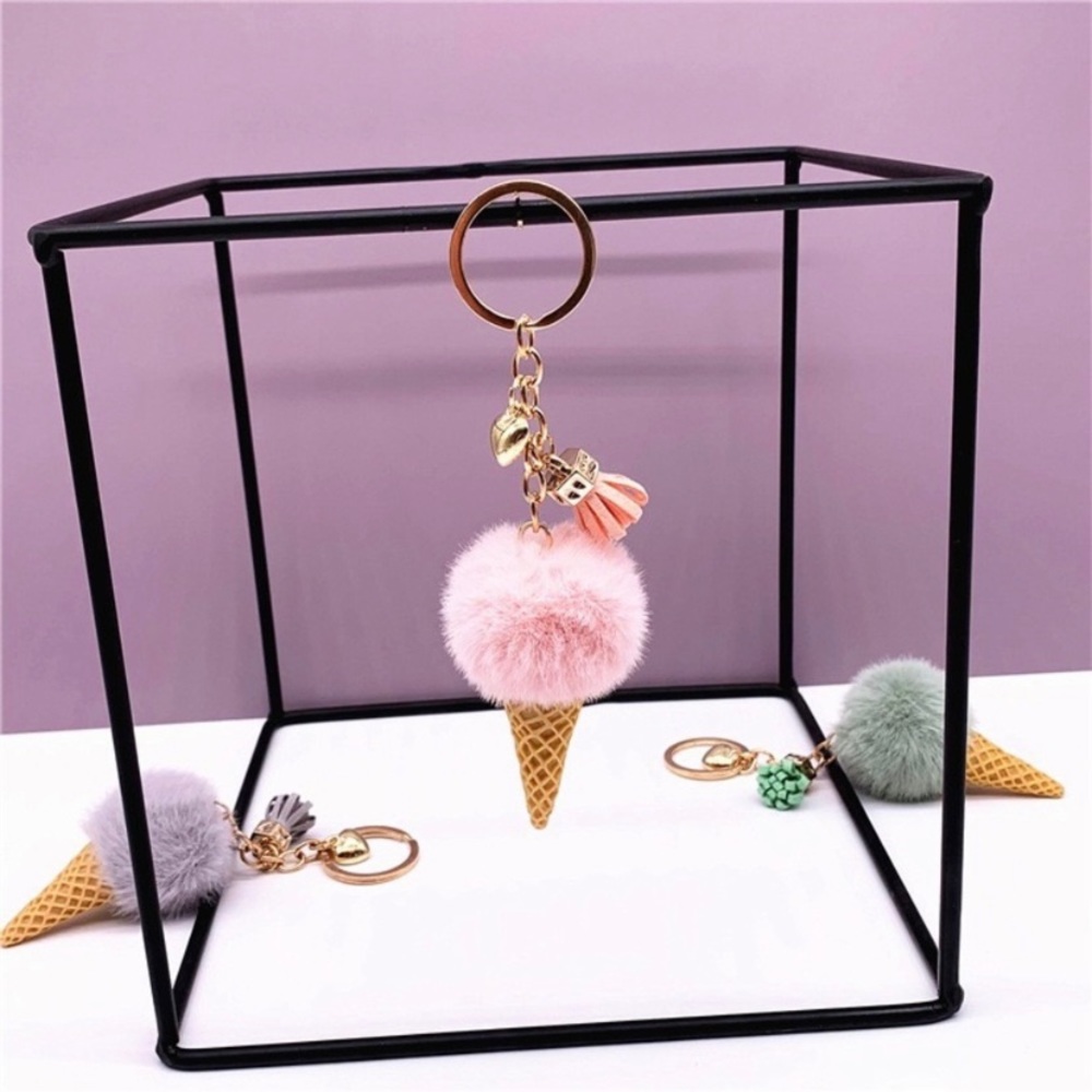Soft Faux Fur Keychain Ice Cream Plush Key Ring Key Fobs Car Key for Women Girls - Picture 2 of 3